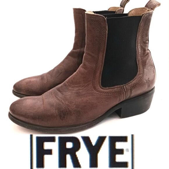 FRYE Erin Chelsea Boots Brown Leather Blk Goring  Block Heel 4001 Sz 8B Mexico - Picture 1 of 14